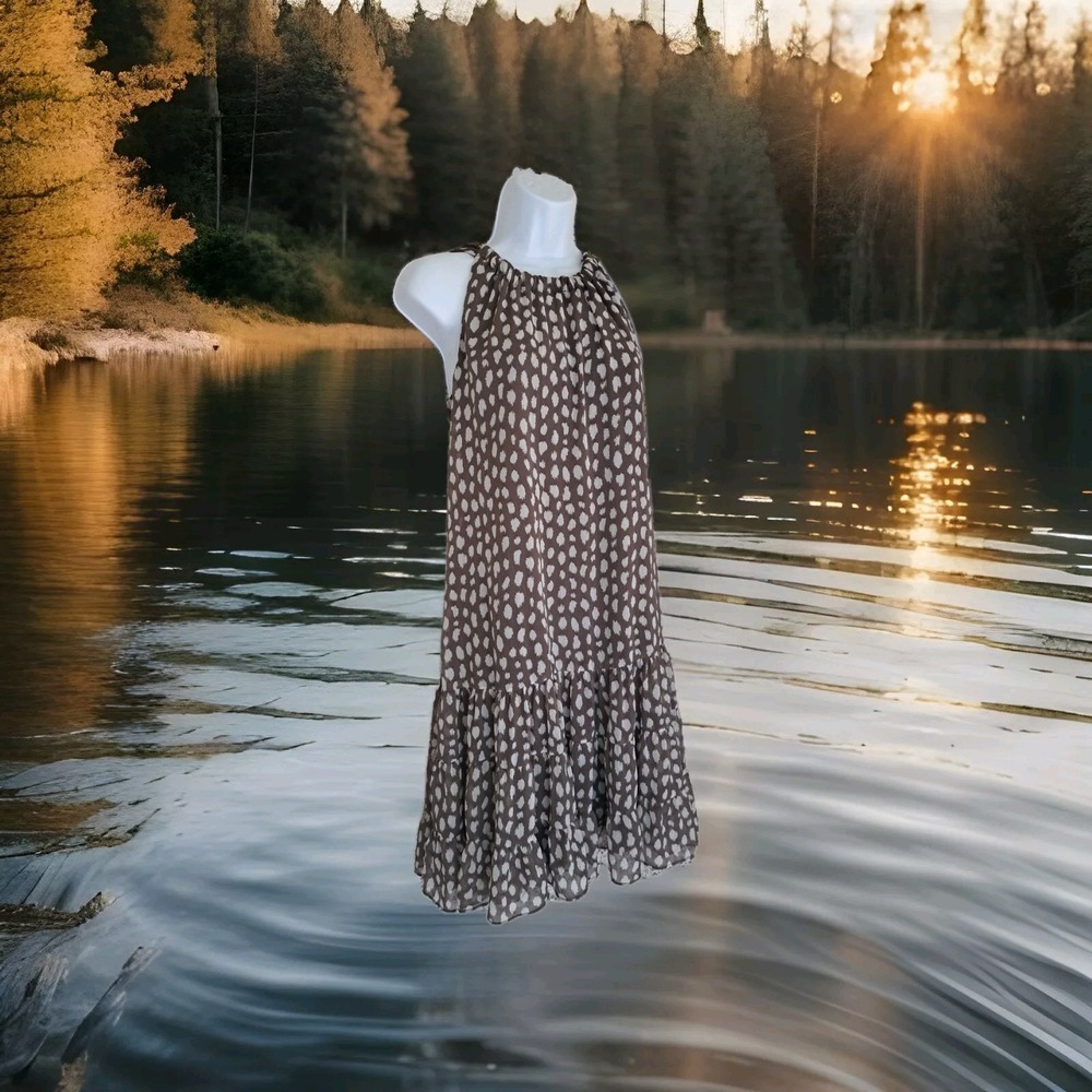 JBS Dress 10 Brown Geometric Tank Flowy Swing Trapeze Tiered Ruffled Chiffon